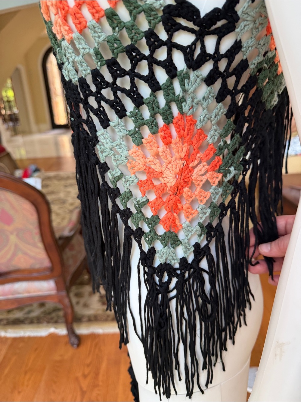 Boho Crochet Fringe Tank Top - Black with Coral & Sage - Picture 7 of 7